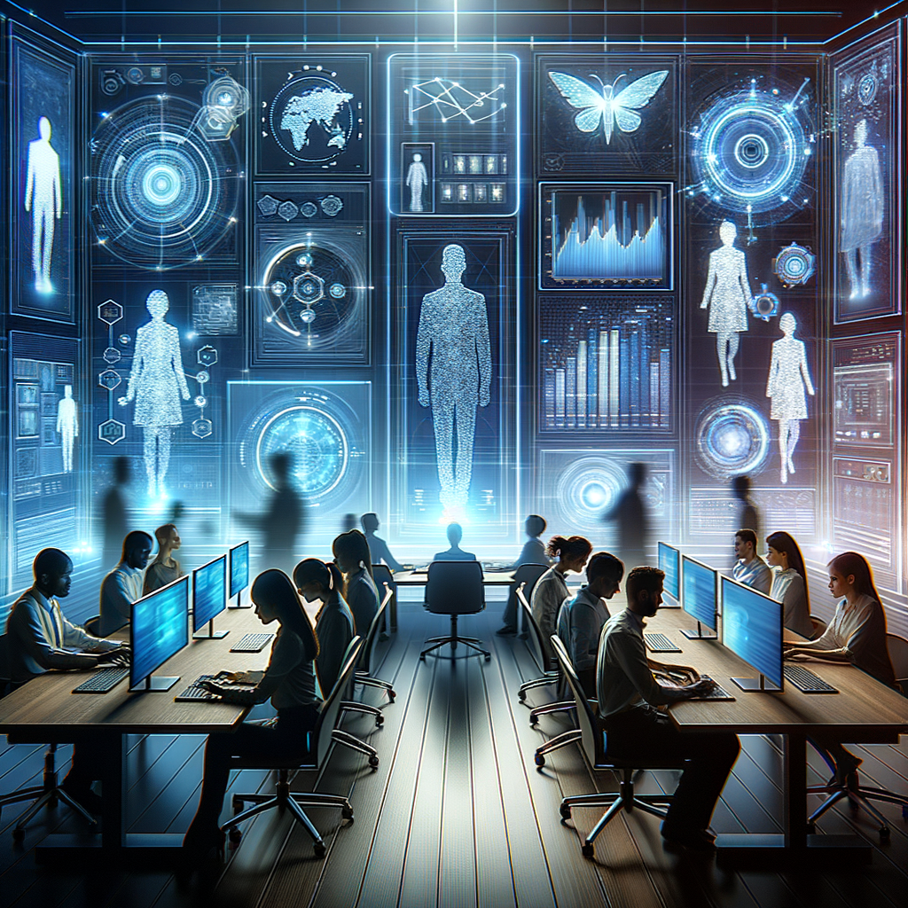 Ambiente digital futurista com dashboards conectados e profissionais interagindo com sistemas automatizados em tons de azul e ciano, simbolizando automação e trabalho colaborativo.