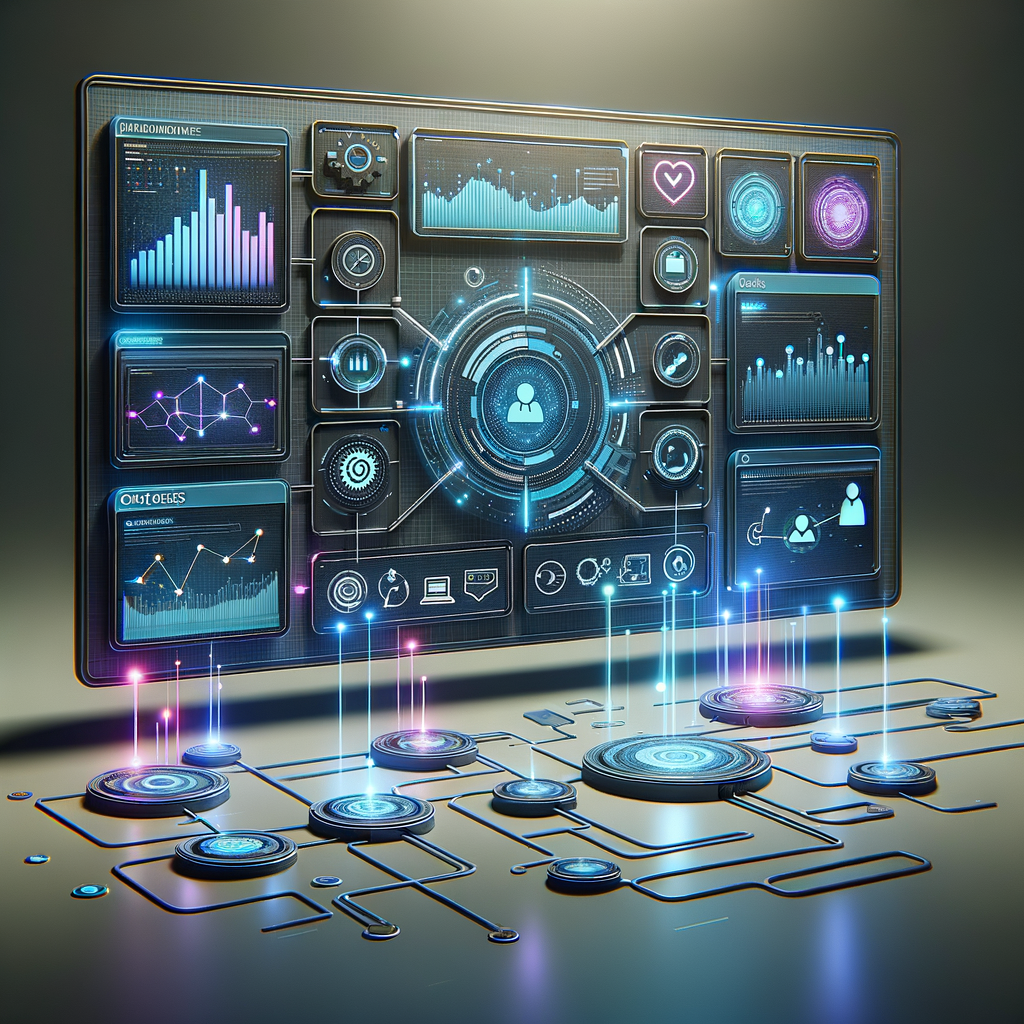 Dashboard digital futurista exibindo fluxos e módulos integrados de automação e personalização em chatbots, com destaque para gráficos em azul e roxo.