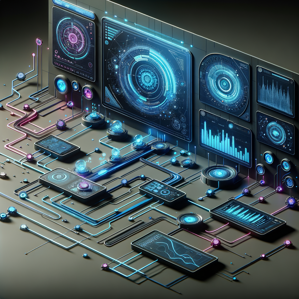 Dashboard digital futurista mostrando fluxos automatizados e conexões entre sistemas integrados em tons de azul, ciano e roxo, simbolizando transparência e suporte da automação nas equipes.