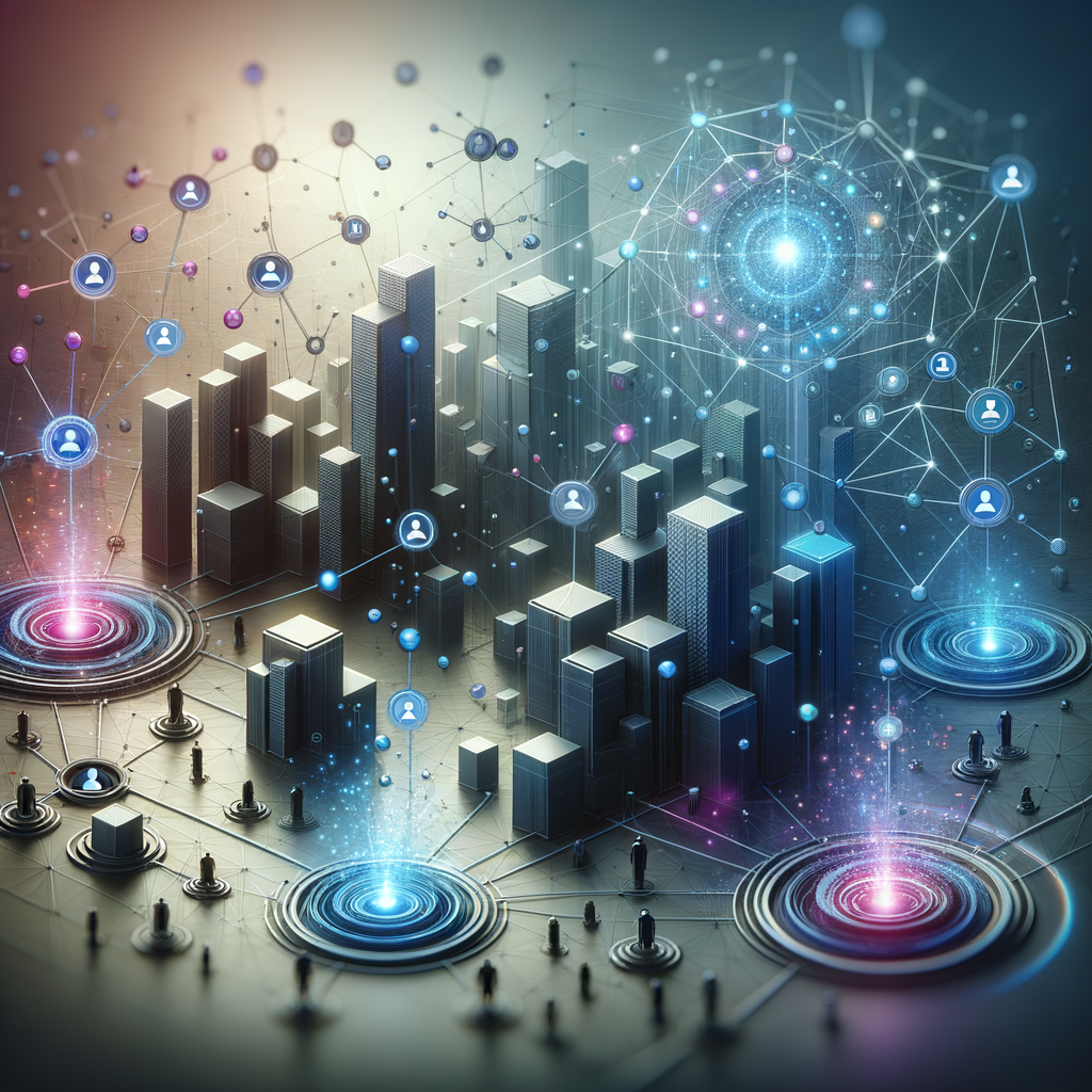 Representação abstrata de arquitetura tecnológica com redes interligadas e símbolos de colaboração humana em tons de azul e roxo, refletindo cultura organizacional e automação integrada.