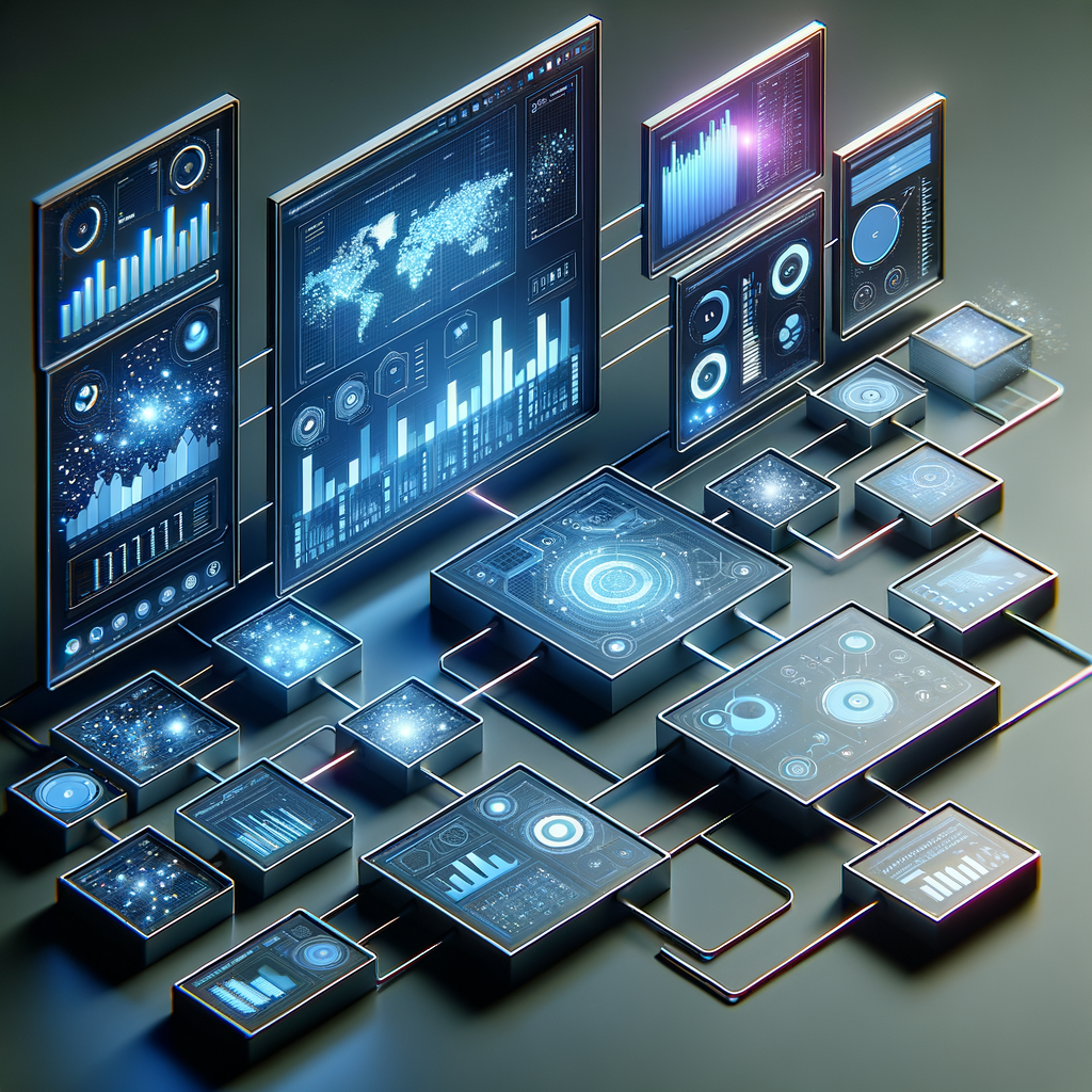 Dashboard digital com gráficos e métricas conectados por redes inteligentes em azul e grafite, ilustrando produtividade e integração em marketing digital.