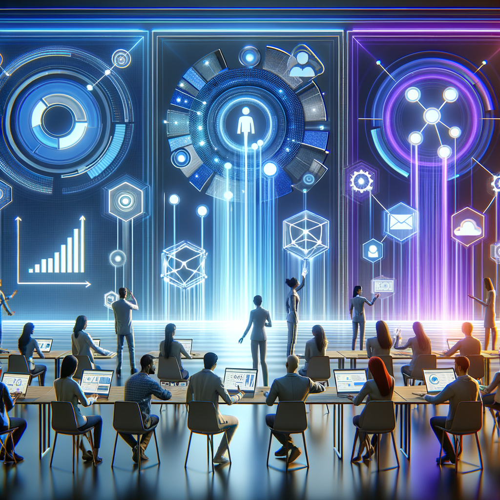 Equipe de marketing interagindo com interfaces holográficas e fluxos de automação em tons de azul e roxo, simbolizando integração humana e tecnologia avançada.