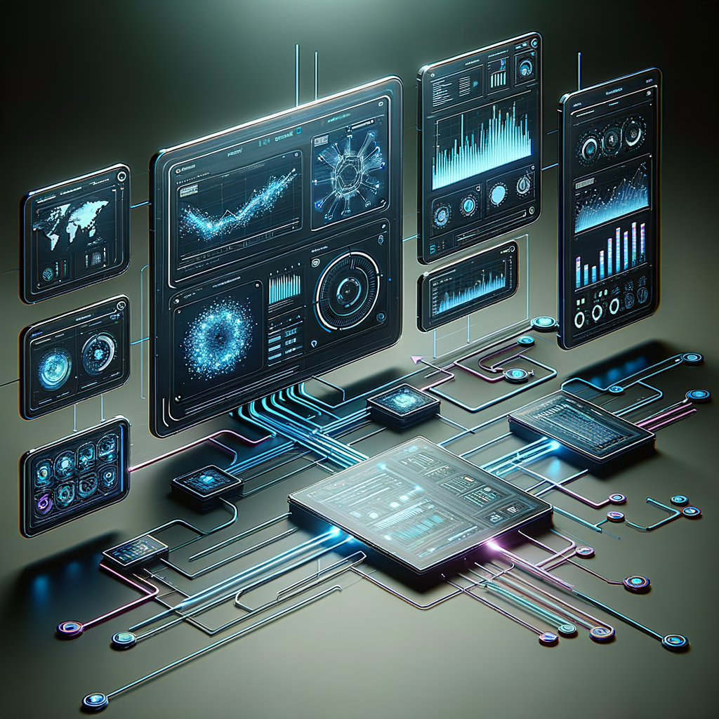 Dashboard digital moderno exibindo métricas e fluxos automatizados conectados por linhas, em esquema de cores azul, ciano e grafite, ilustrando monitoramento e otimização de processos.