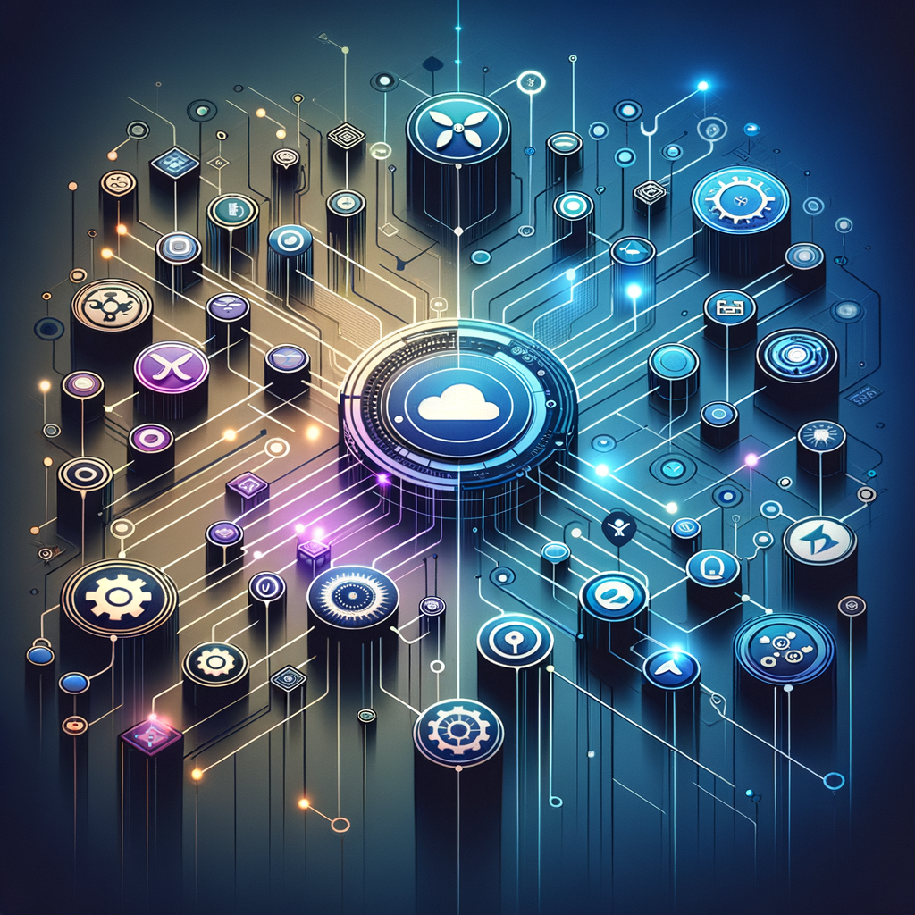 Mapa digital de processos automatizados com ícones de ferramentas e conexões formando uma rede inteligente em tons de azul e roxo, simbolizando integração e escalabilidade tecnológica.