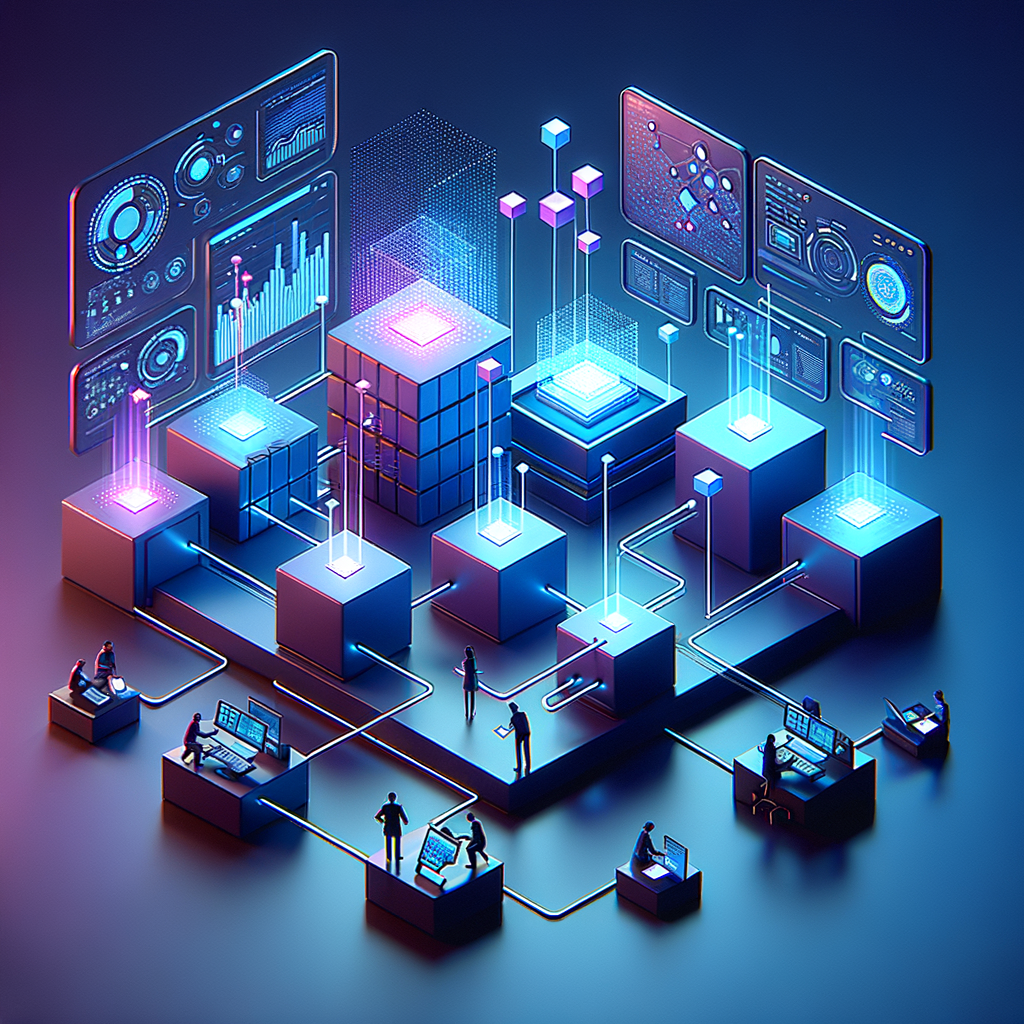 Arquitetura tecnológica modular em perspectiva isométrica com blocos iluminados e fluxos luminosos conectando módulos, profissionais interagindo com interfaces digitais e dashboard minimalista exibindo métricas em tempo real.