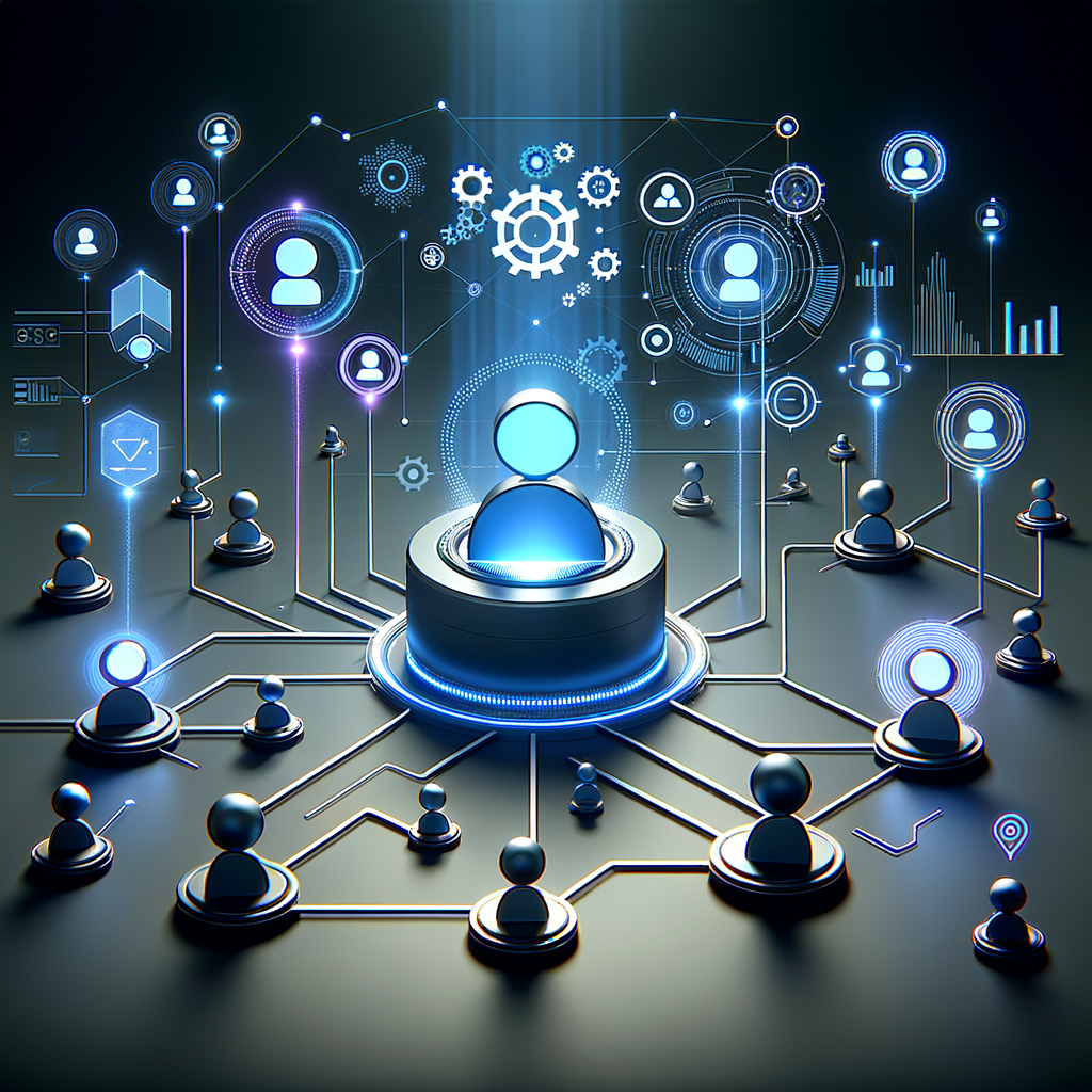 Rede digital conectando usuários a um núcleo de inteligência artificial em tons azulados, representando personalização e automação em chatbots.