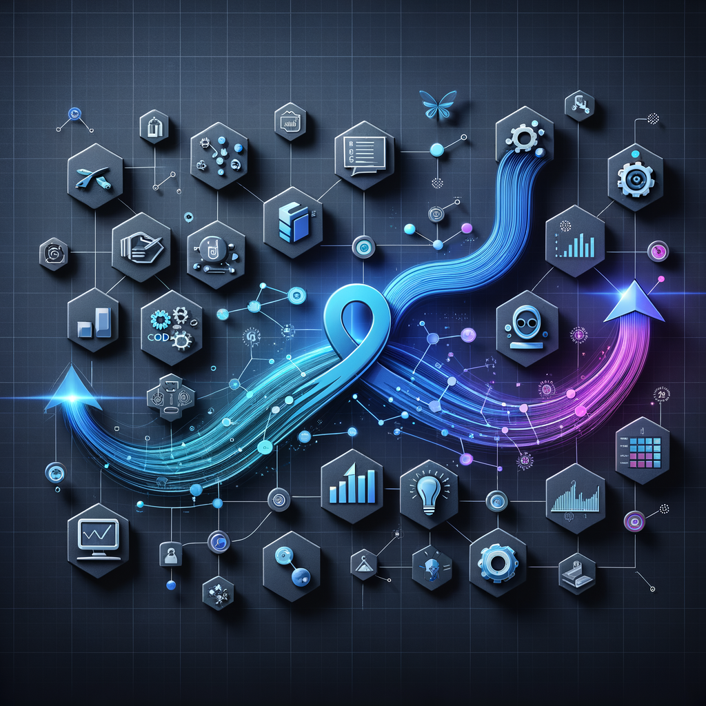 Fluxo de automação inteligente com ícones de ferramentas no-code conectados por linhas azuis e cianas, sobre fundo grafite, acompanhado de gráficos simplificados mostrando ganhos de produtividade e redução de custos.