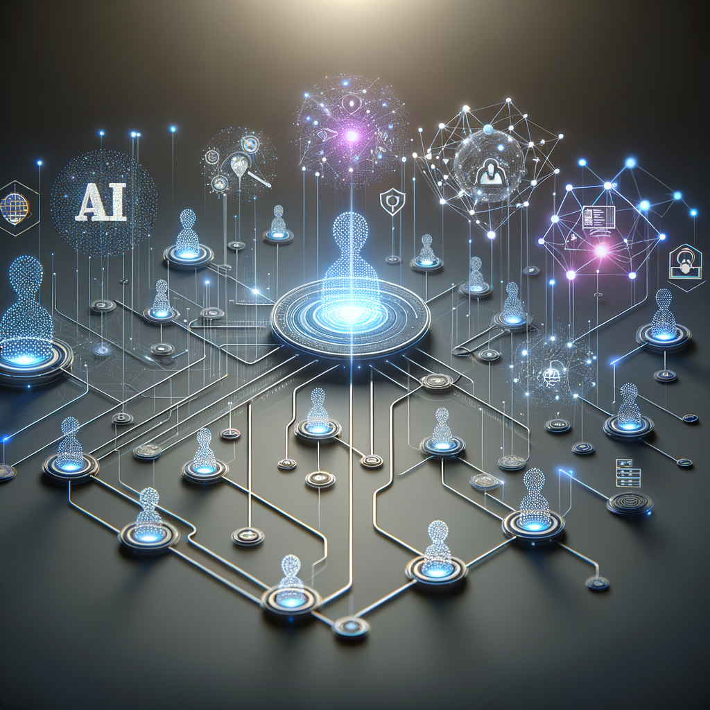 Rede digital conceitual mostrando a colaboração entre agentes inteligentes e equipes multidisciplinares para governança ética da inteligência artificial nas empresas.