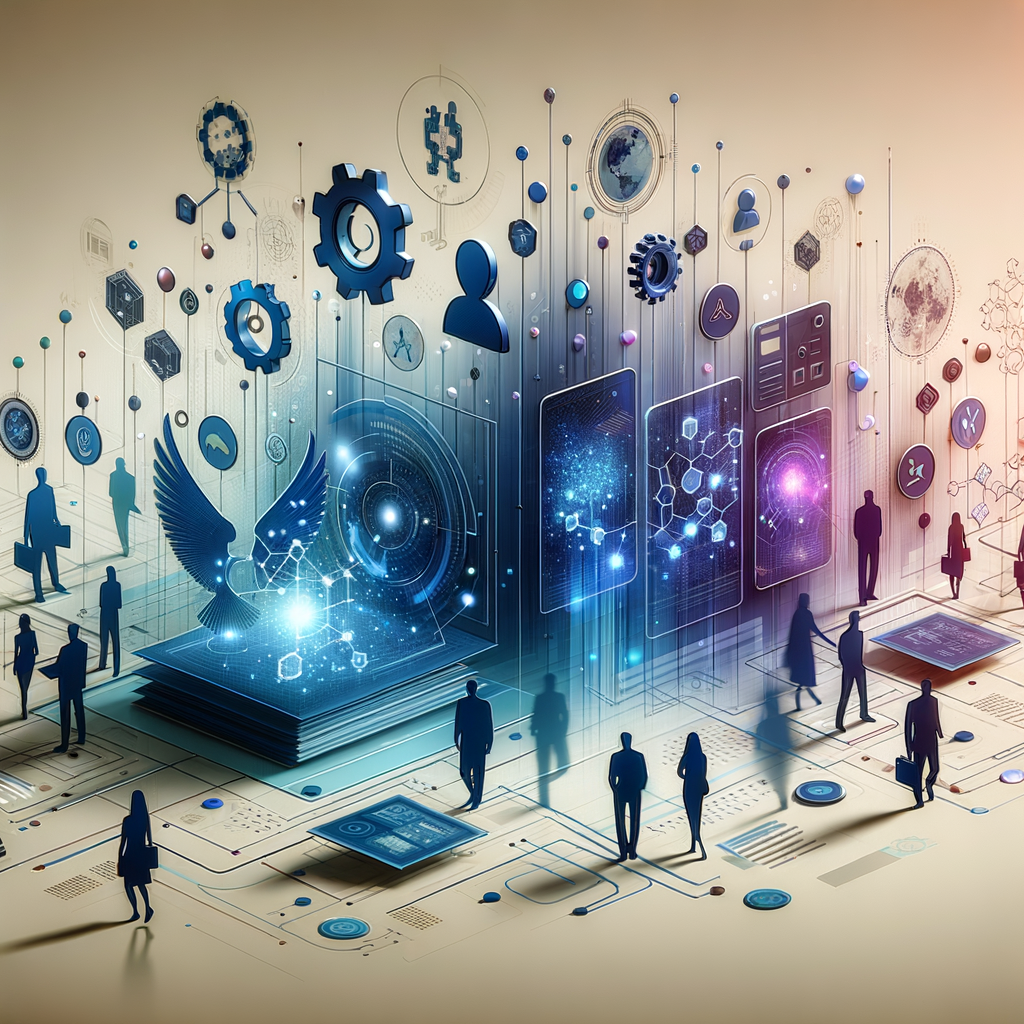 Representação abstrata de equipe digital utilizando inteligência artificial e automação para gerenciar e escalar ecossistemas digitais, com elementos visuais em azul, ciano e roxo e iluminação tecnológica suave.
