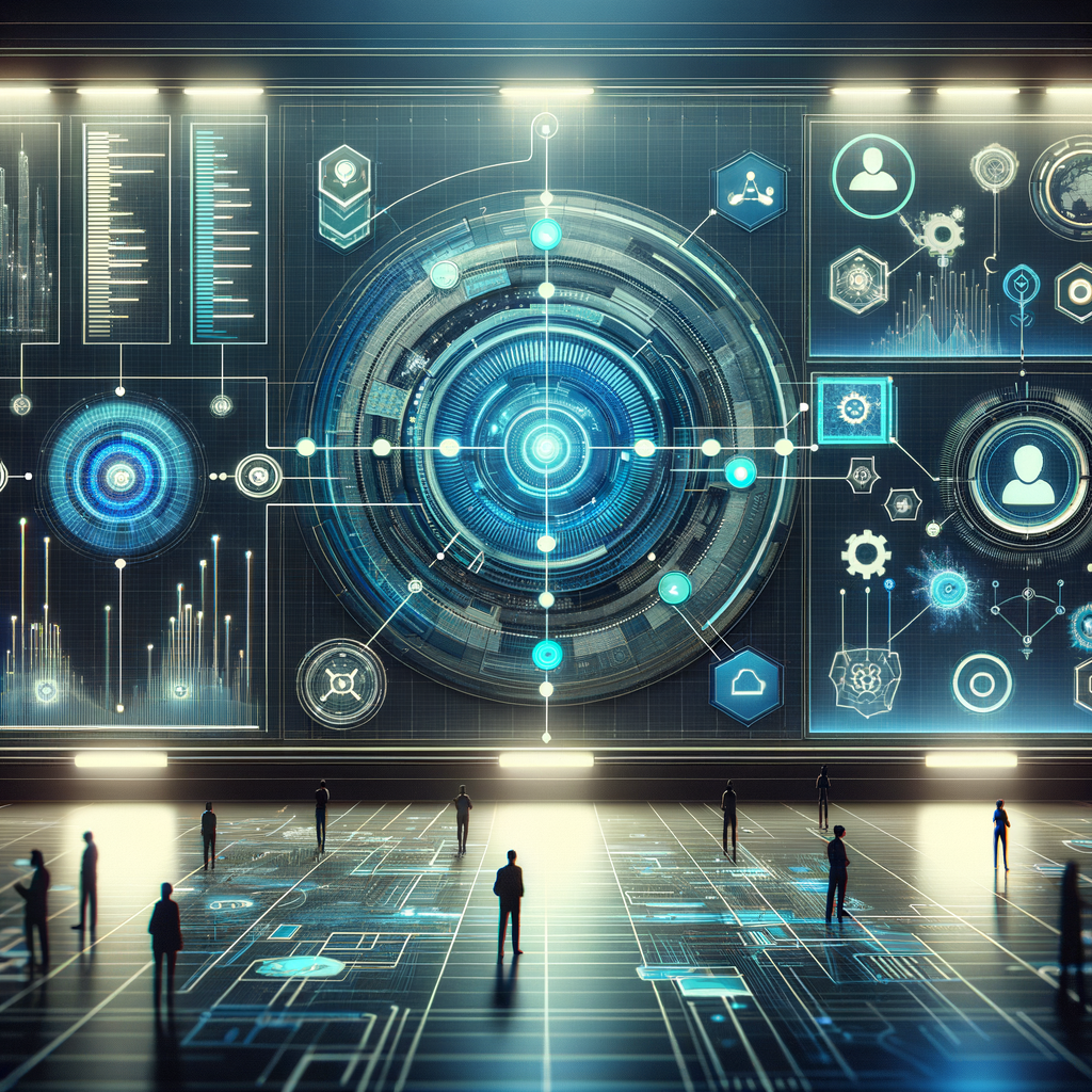 Dashboard digital futurista com gráficos e fluxos automatizados em azul e ciano, profissionais interagindo com tecnologia holográfica simbolizando a automação na rotina corporativa.