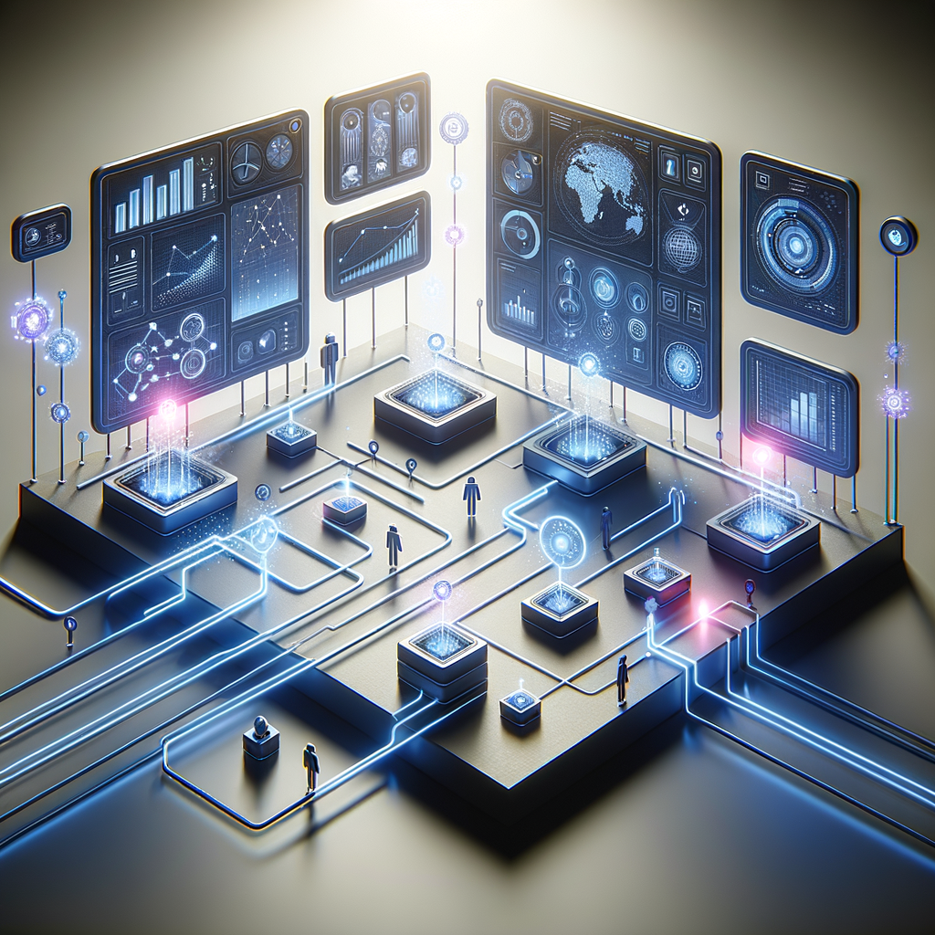 Dashboard digital moderno com módulos conectados e gráficos de produtividade, ilustrando integrações tecnológicas e colaboração entre automação e profissionais humanos.