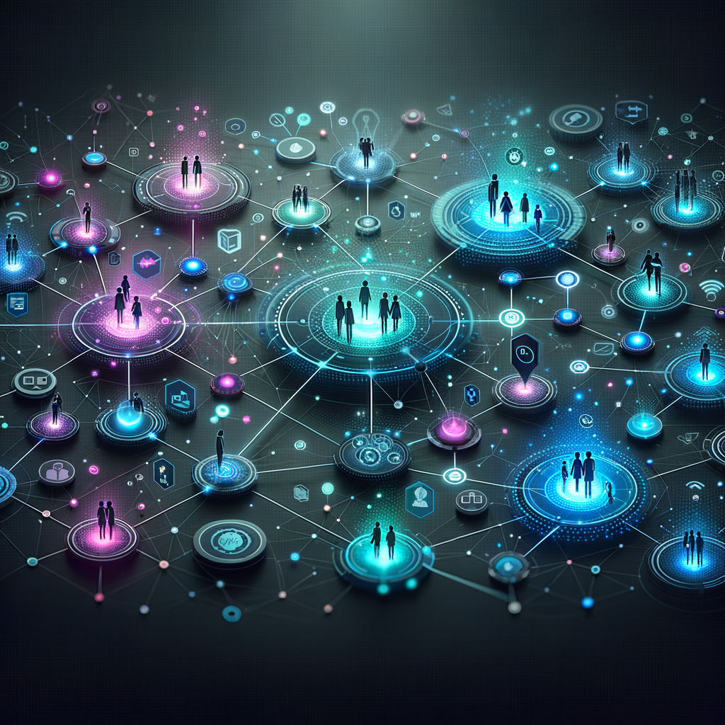 Rede digital interativa com conexões luminosas e figuras humanas colaborando, representando automação inteligente e integração tecnológica nas empresas.