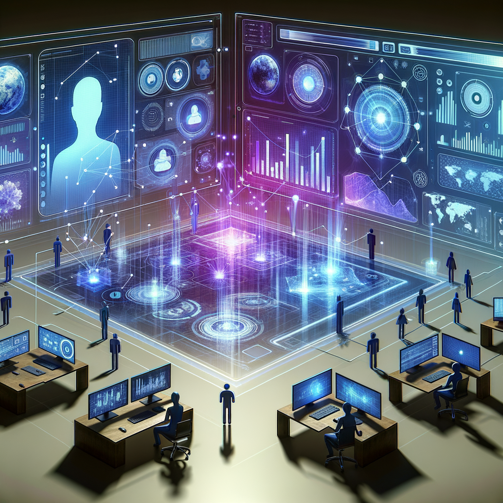 Interface digital interativa com fluxos de dados conectando dispositivos e pessoas em silhuetas estilizadas, mostrando dashboards com insights em tempo real e automação inteligente.