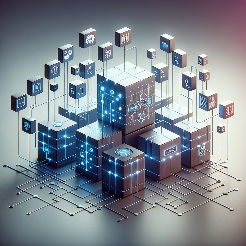 Arquitetura digital minimalista de módulos tecnológicos interligados com ícones de N8N e Supabase, em tons de azul, roxo e grafite, representando integração e melhores práticas para agentes inteligentes em empresas.