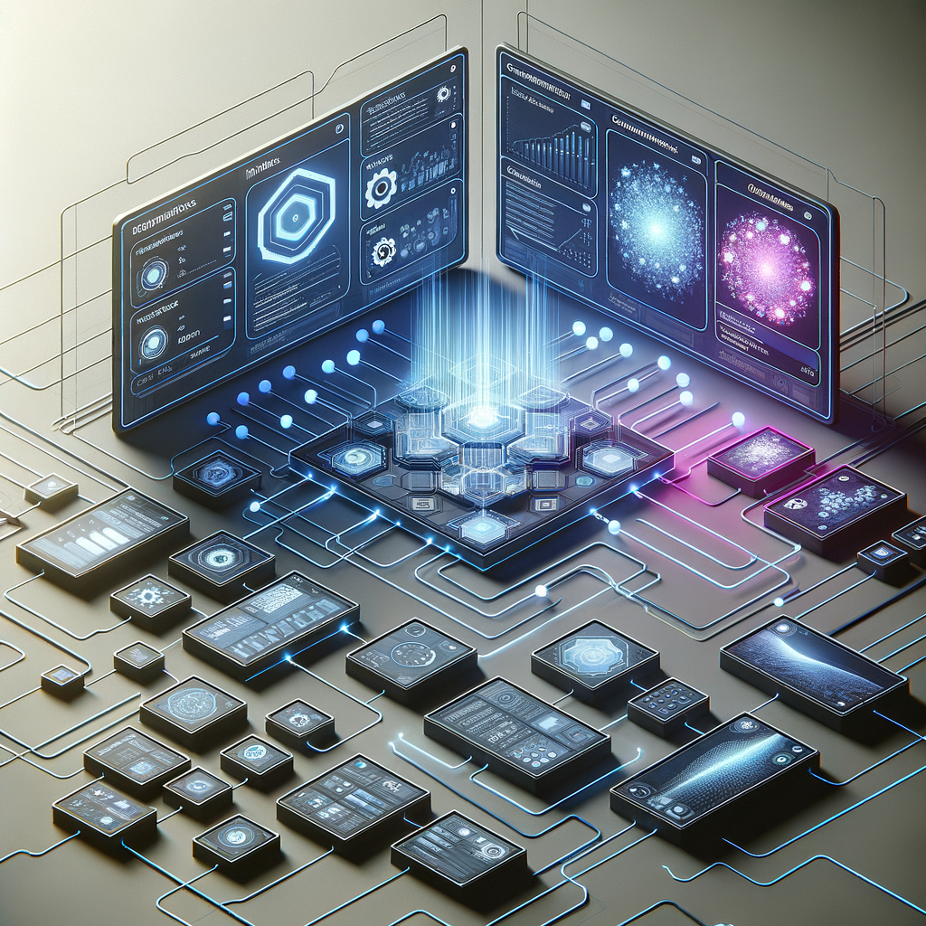 Dashboard digital futurista com janelas modulares conectadas por linhas de fluxo de dados, ilustrando integração e automação em plataformas no-code e low-code para agentes inteligentes.