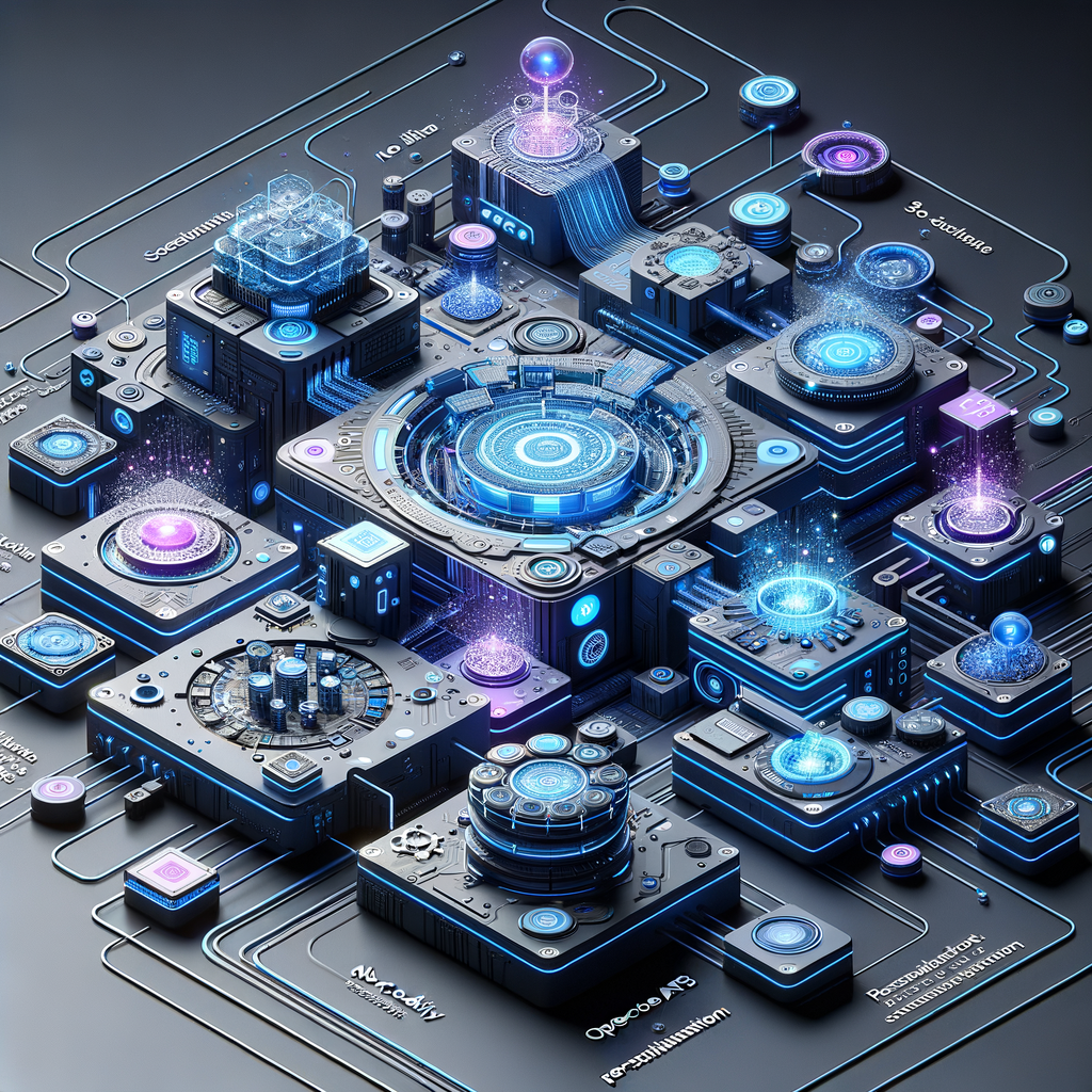 Arquitetura tecnológica abstrata com módulos interligados por circuitos luminosos, simbolizando integração via APIs e automação sem código em plataformas no-code e low-code.