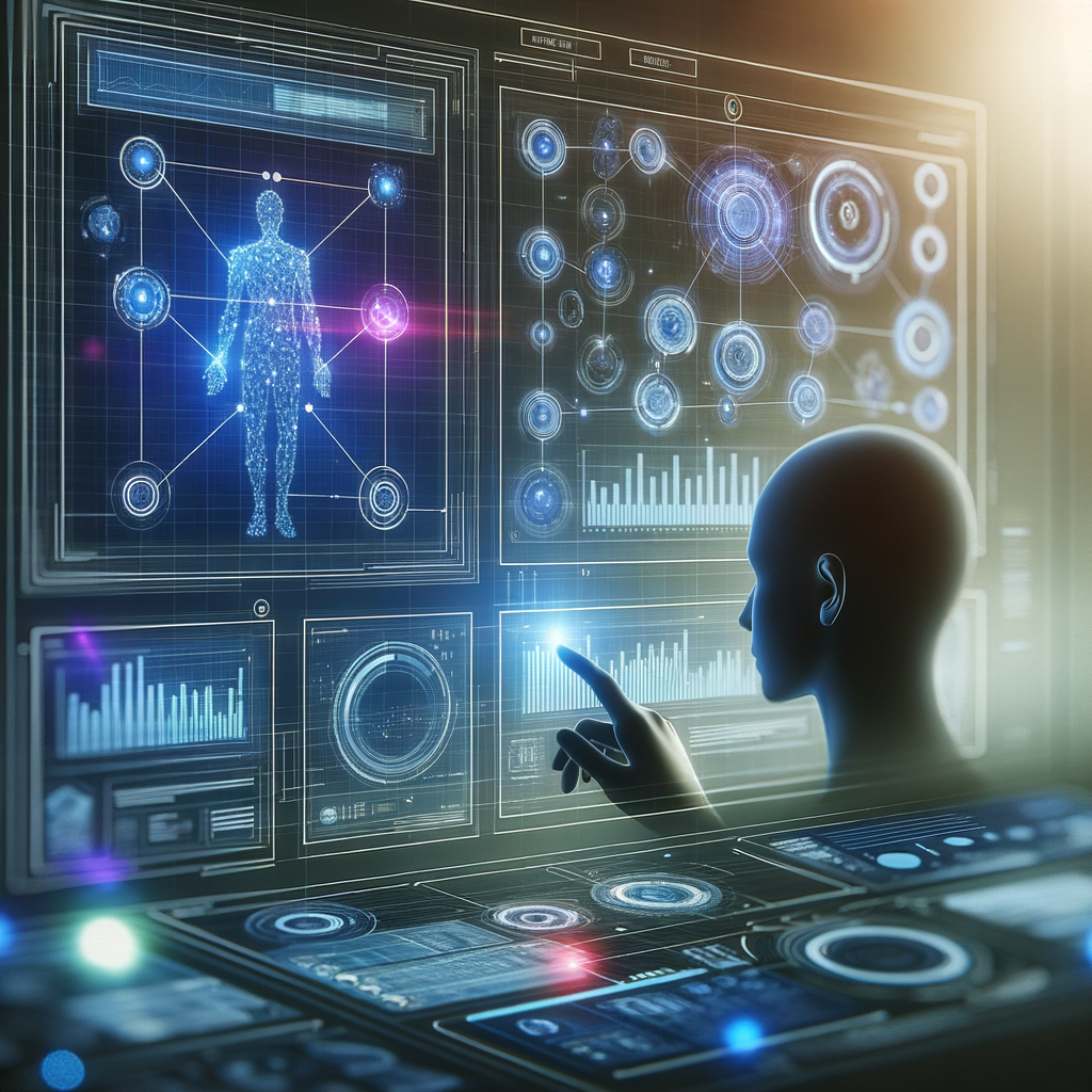 Dashboard futurista mostrando fluxos de automação e gráficos dinâmicos, com um profissional em silhueta ao fundo, representando a interação entre inteligência artificial e controle humano.