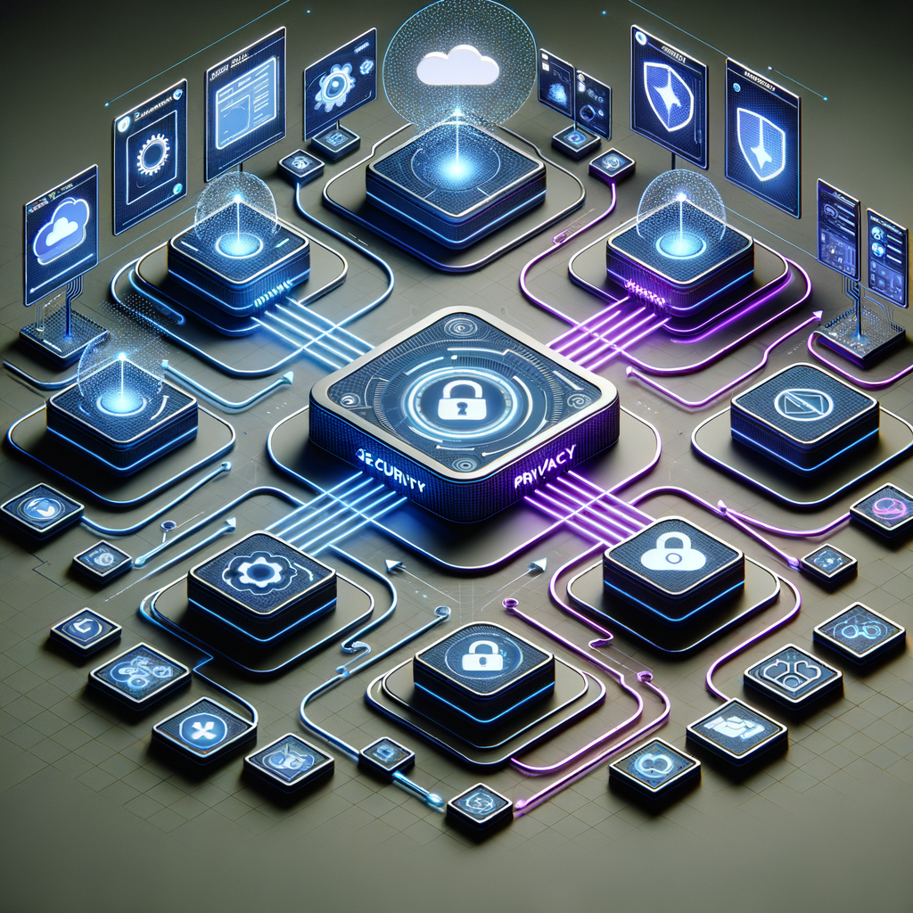 Dashboard digital com módulos conectados por fluxos luminosos e ícones de segurança, representando monitoramento seguro de integrações no-code e low-code.