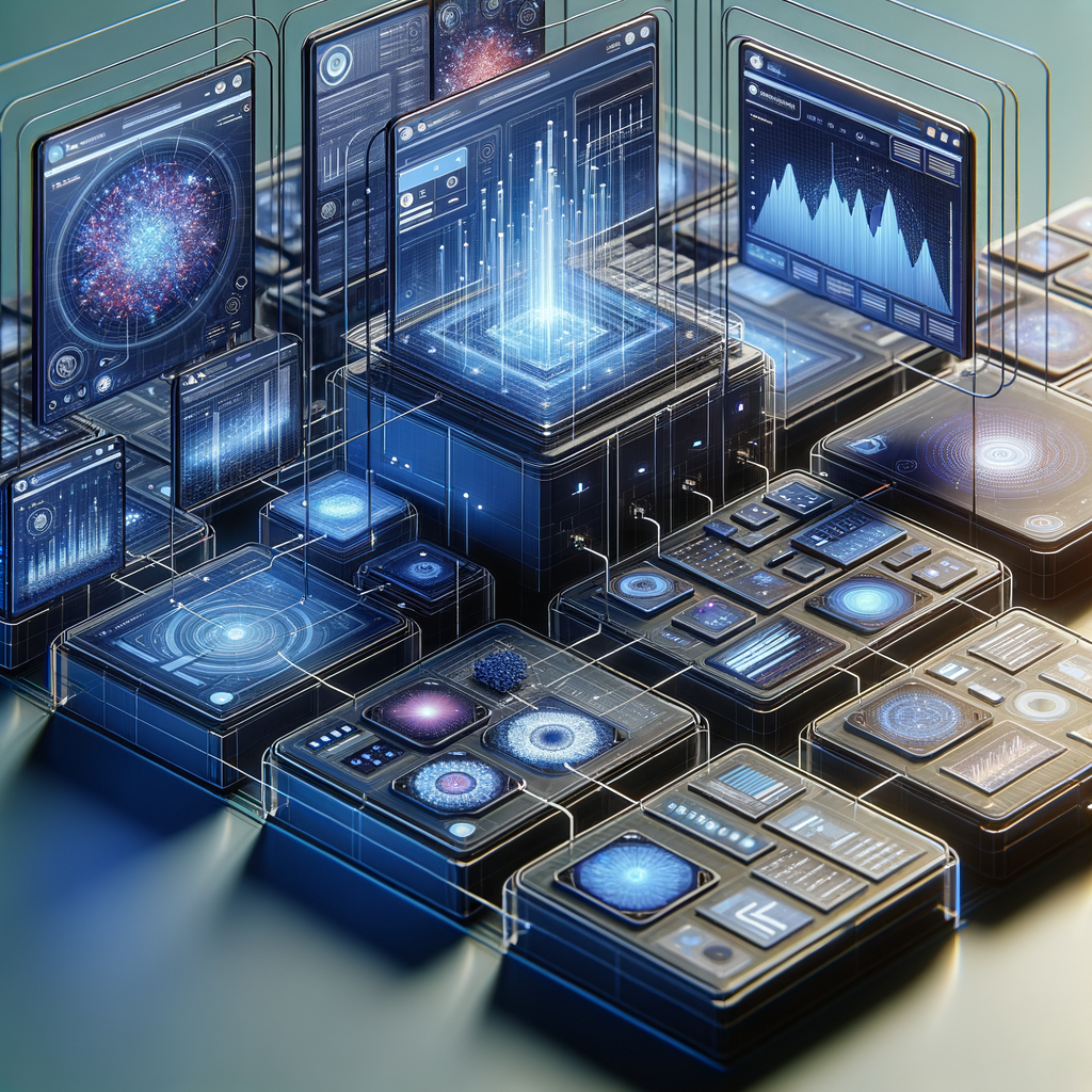 Painel digital modular com dashboards interconectados em azul e roxo, mostrando fluxos flexíveis de automação e integração de sistemas em startups inovadoras.