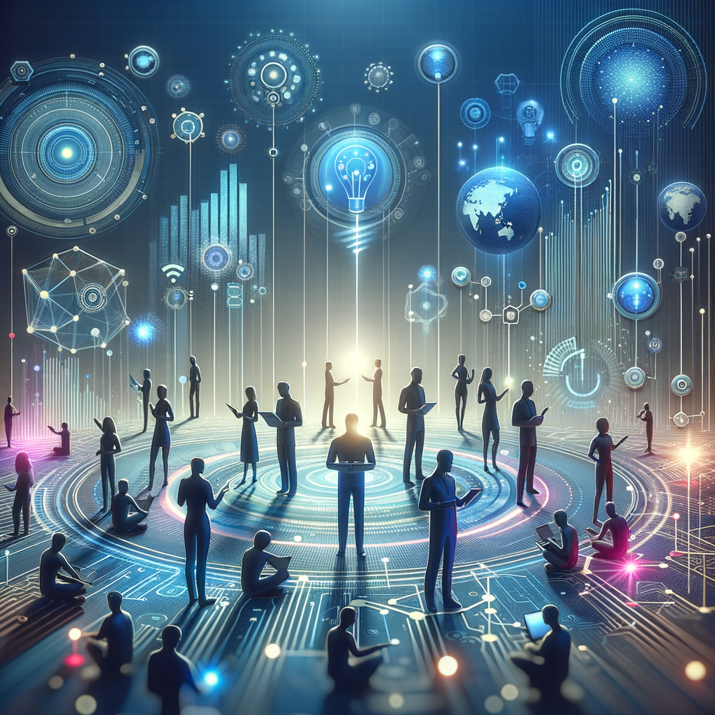 Equipe estilizada interagindo com hologramas digitais e gráficos em azul e ciano, simbolizando colaboração para integrar automação e inovação em startups.