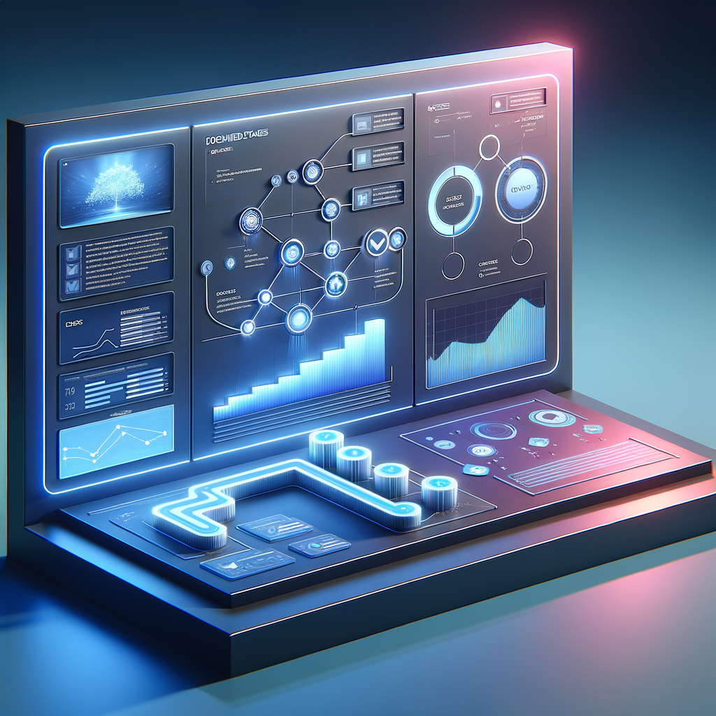 Dashboard digital com mapa de processos detalhados e indicadores de sucesso em gráficos, ilustrando planejamento e controle para fluxos automatizados eficientes.