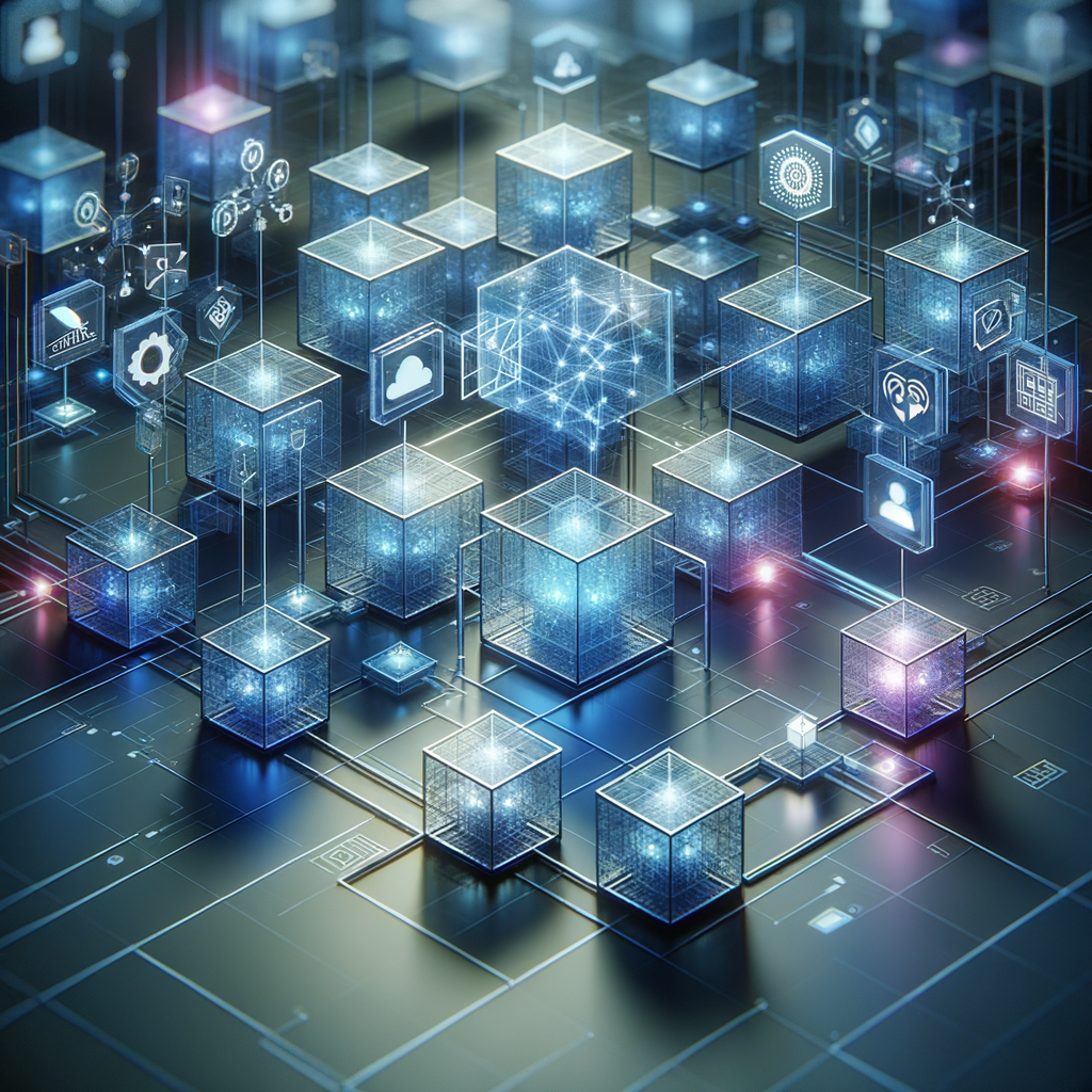 Rede digital de módulos de automação interconectados com ícones de inteligência artificial e alertas, simbolizando flexibilidade e escalabilidade em processos automatizados.