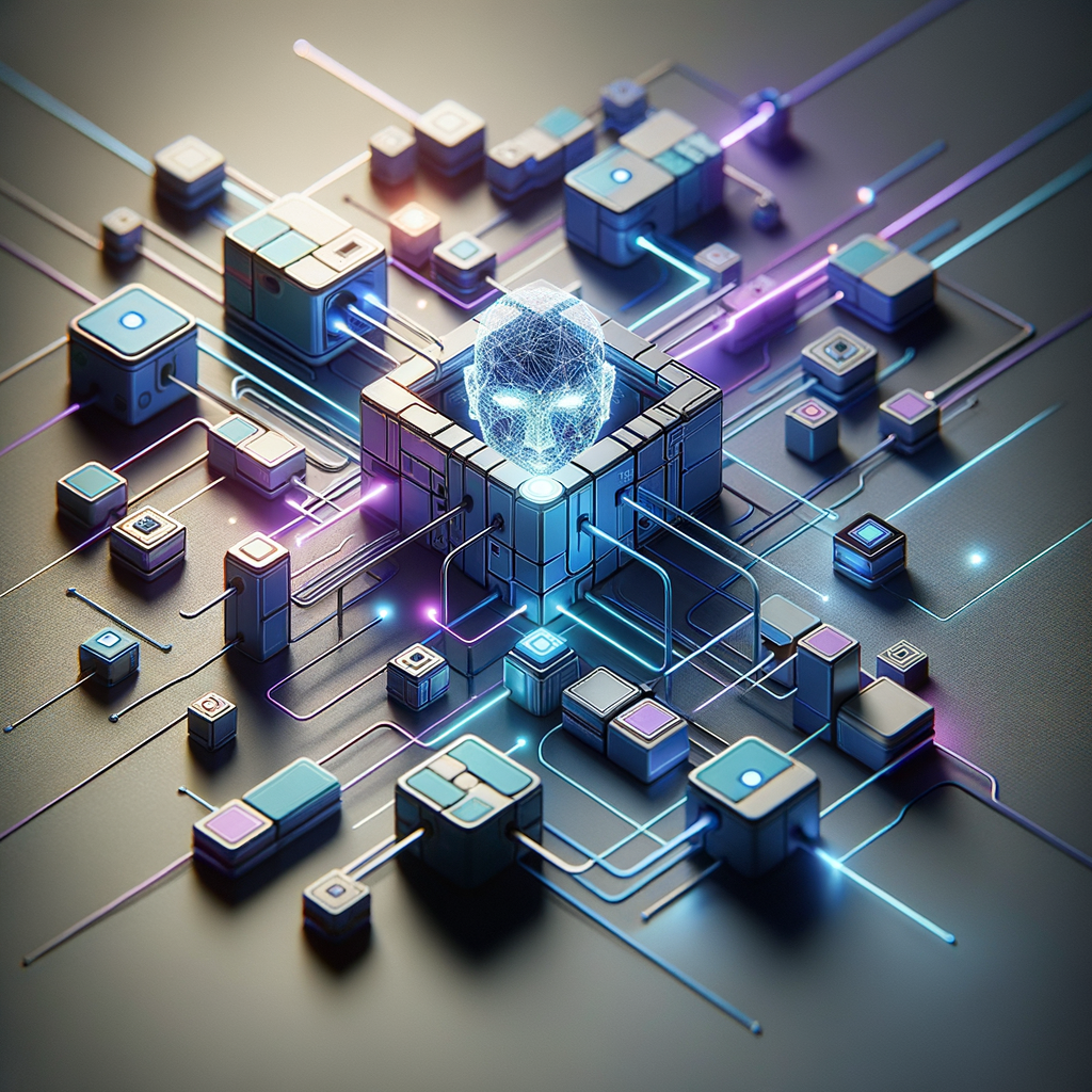 Fluxo de trabalho automatizado com agente inteligente central interagindo com módulos no-code e low-code em um ambiente digital moderno e iluminado.