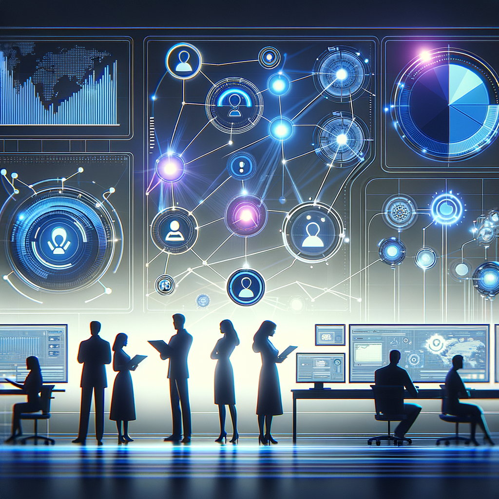 Dashboard digital moderno com gráficos e alertas visuais, ilustrando monitoramento e correção de erros em fluxos de automação com equipe analisando dados ao fundo.