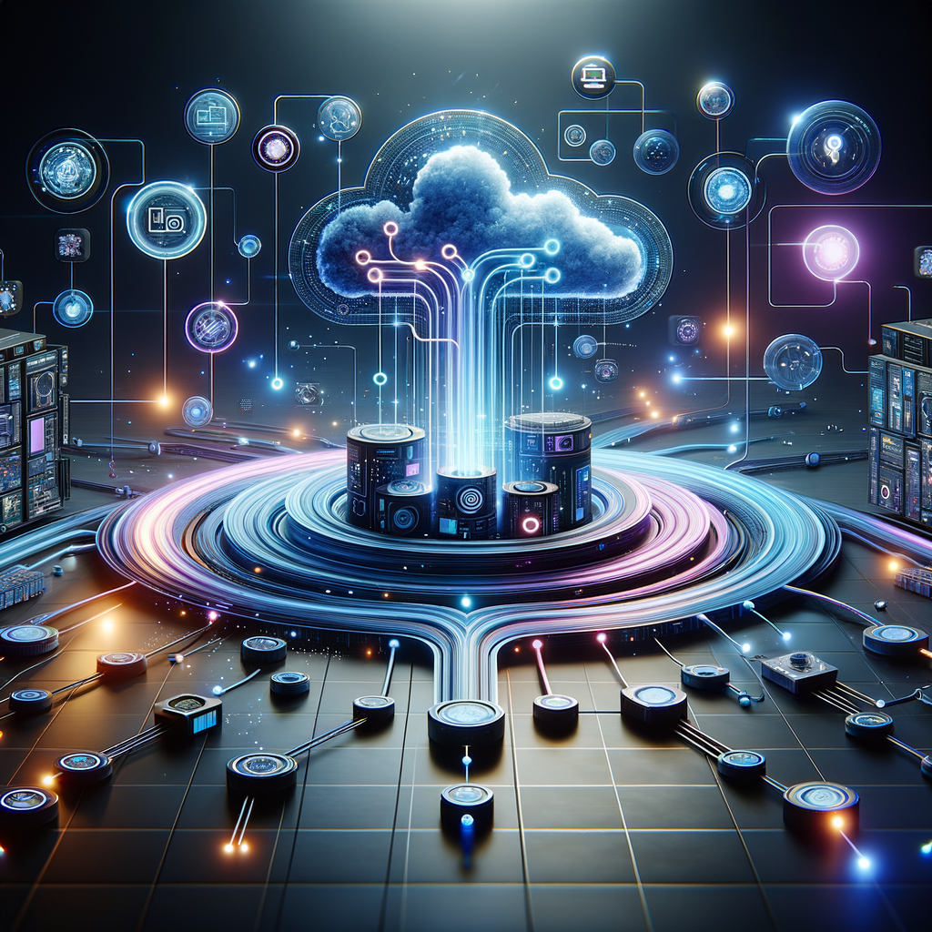 Arquitetura digital integrada com módulos conectados por linhas luminosas em azul e roxo, representando ferramentas de automação flexíveis e inteligência artificial em processos empresariais.