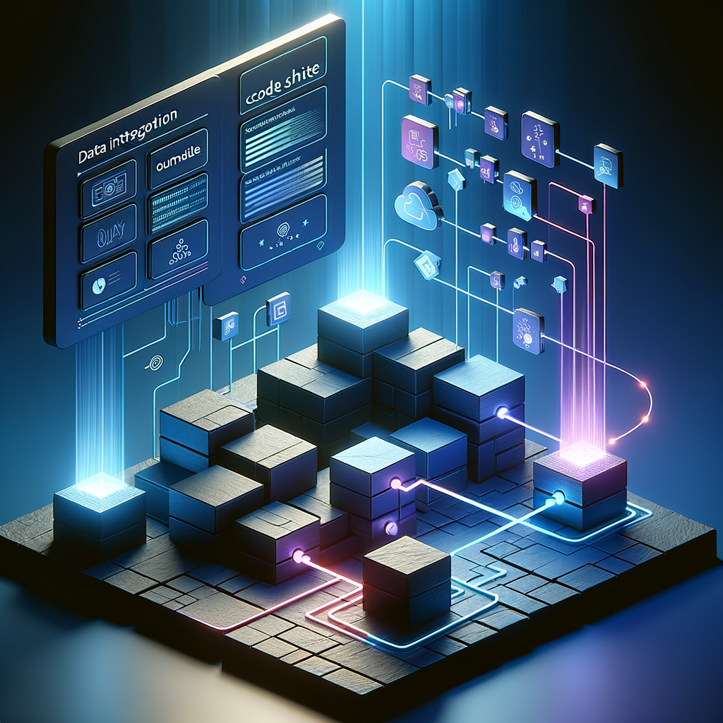 Fluxo modular de integração de dados em plataforma no-code com conexões luminosas azuis, simbolizando automação e facilidade de integração visual.