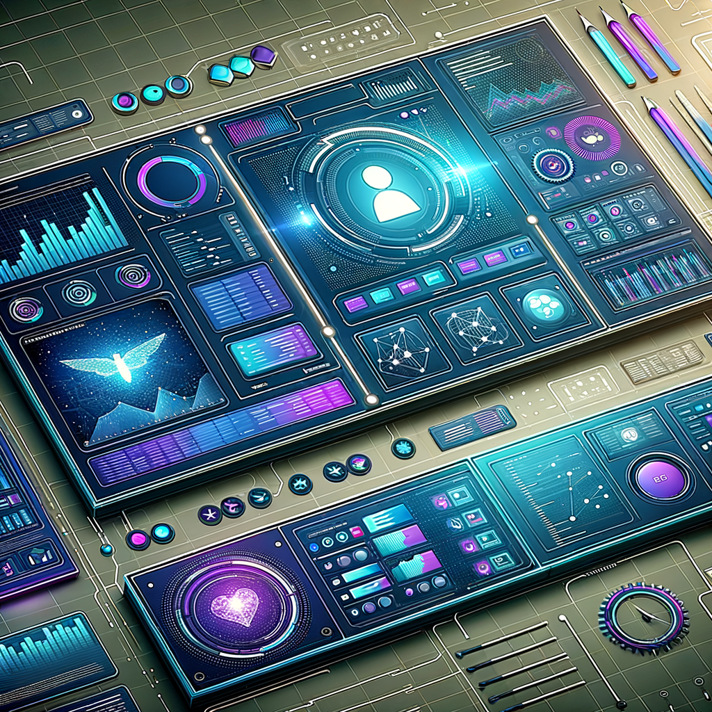 Painel de controle digital com dashboards customizáveis e ícones de automação e inteligência artificial em ambiente tecnológico moderno e minimalista.