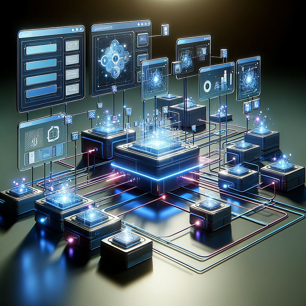 Arquitetura digital modular com dashboards no-code interconectados por fluxos de dados luminosos em azul e ciano, ilustrando integrações automatizadas e dados em tempo real
