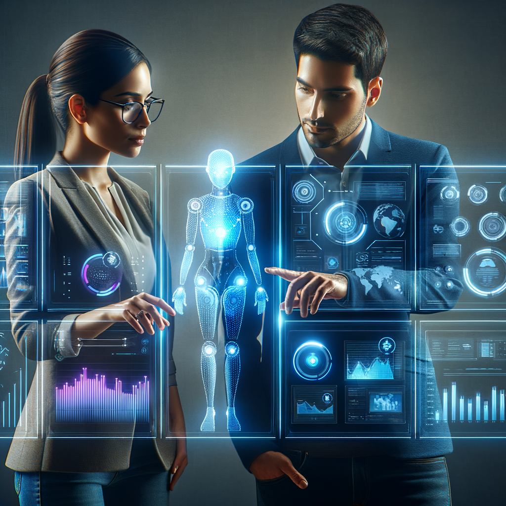 Equipe profissional utilizando interfaces holográficas para supervisionar agentes inteligentes, destacando a colaboração e ética na automação empresarial.