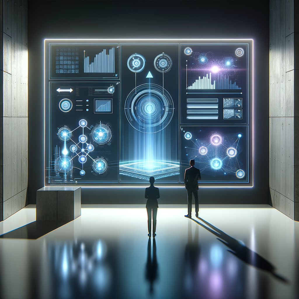 Painel digital futurista com gráficos e fluxos de dados em azul e ciano, profissionais interagindo com tecnologia que representa automação empresarial e autonomia no trabalho em ambiente corporativo moderno.