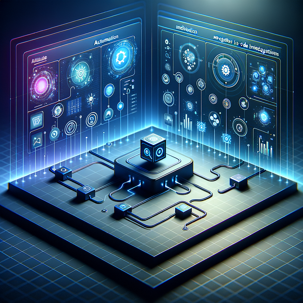 Dashboard digital futurista ilustrando fluxos de automação e integração entre agentes inteligentes e ferramentas no-code em um ambiente tecnológico moderno.