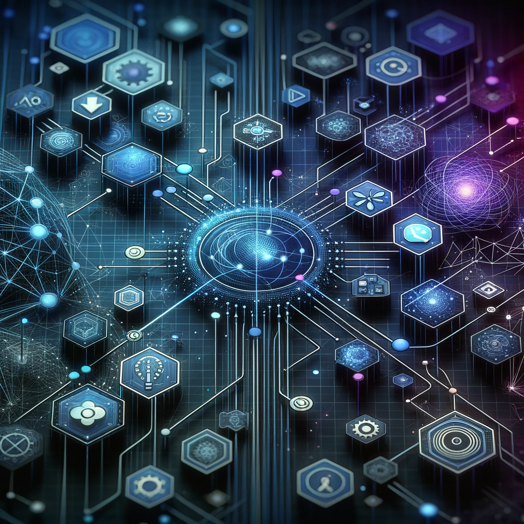 Representação abstrata de arquitetura tecnológica híbrida unindo agentes inteligentes e integrações no-code através de redes digitais em tons de azul e roxo.