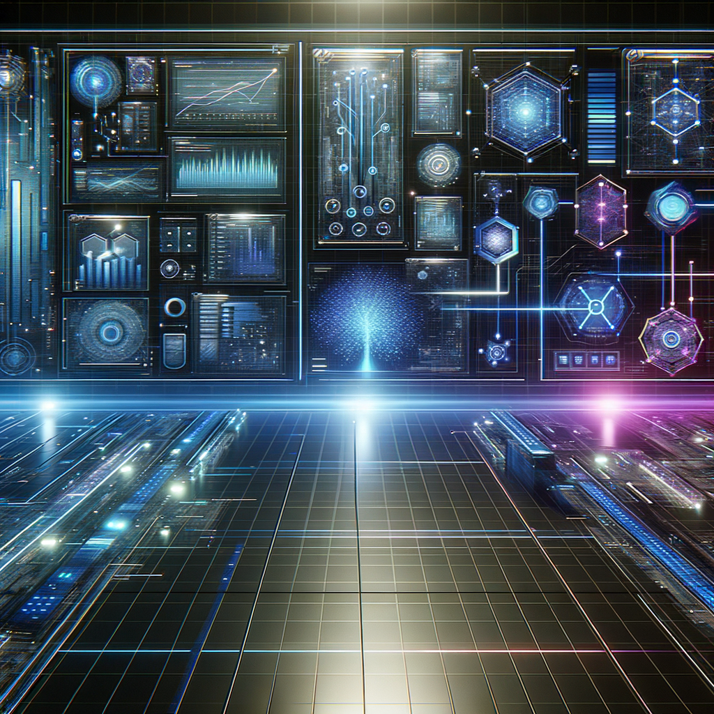Dashboard digital futurista com módulos interligados por linhas luminosas em azul e ciano, exibindo gráficos e indicadores que simbolizam o monitoramento e otimização de processos automatizados.