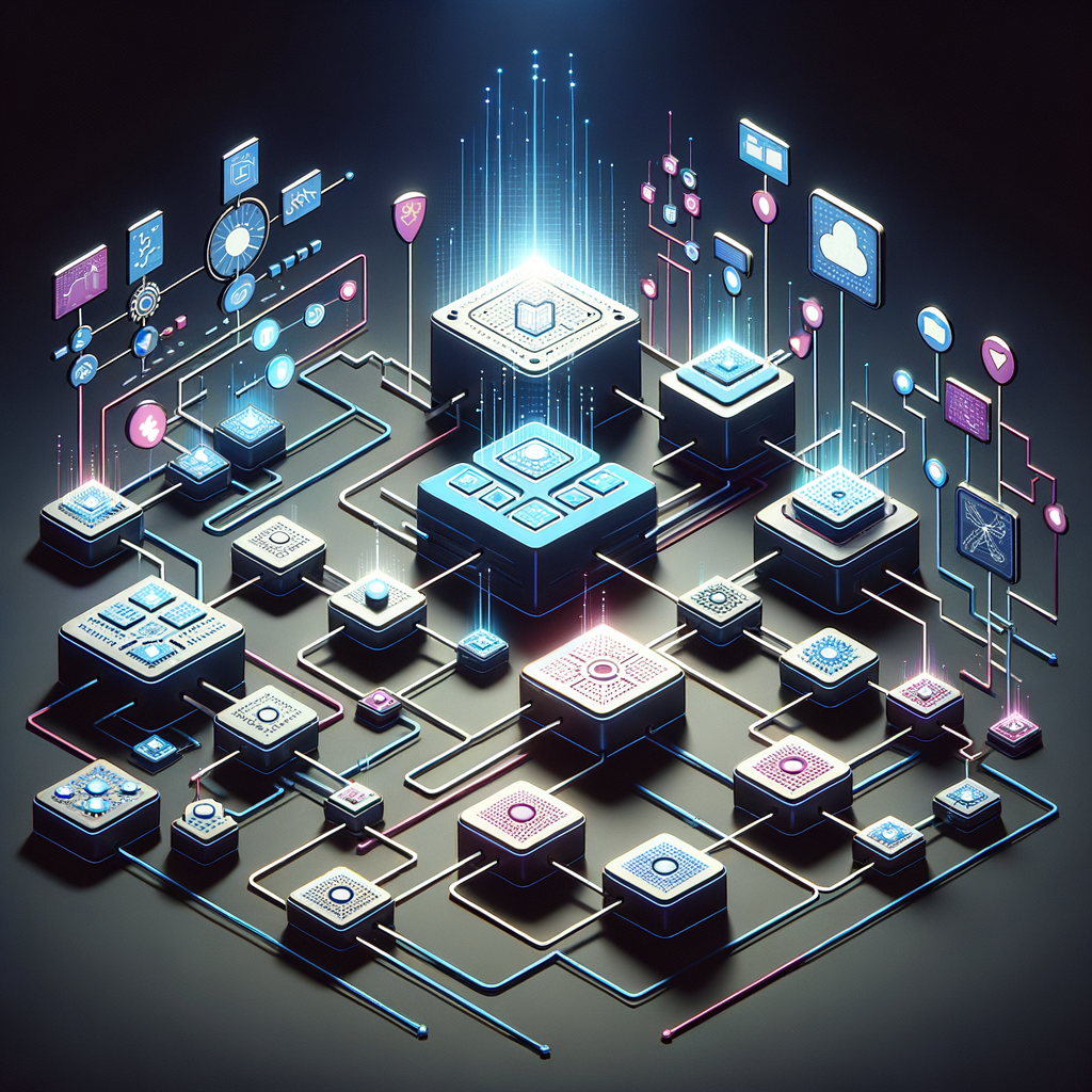 Arquitetura digital minimalista mostrando módulos conectados por linhas luminosas que representam automação, controle humano e ajustes manuais em uma rede inteligente.