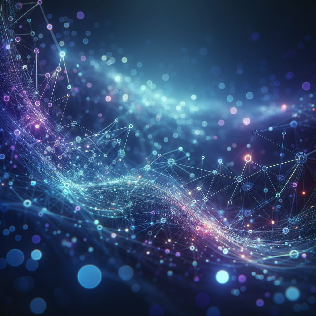 Rede digital fluida com nós conectados por linhas de luz em azul e roxo, simbolizando integração tecnológica e automação colaborativa em fluxos digitais.