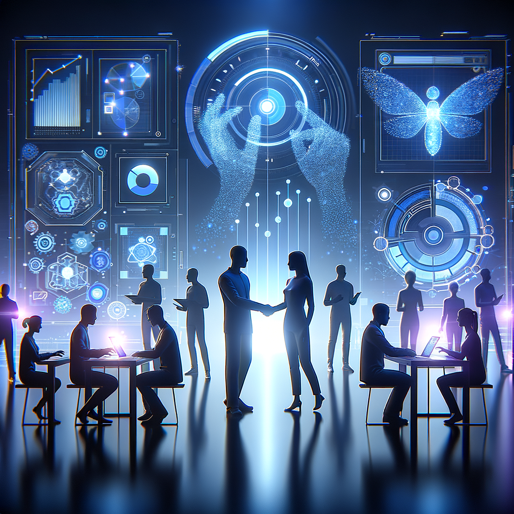 Equipe de marketing colaborando com interfaces digitais e inteligência artificial para potencializar criatividade e automação.