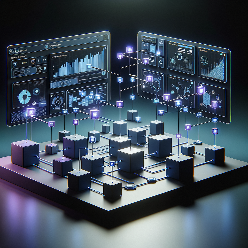 Dashboard digital com arquitetura modular de fluxos automatizados, mostrando conexões inteligentes e alertas de gargalos em processos