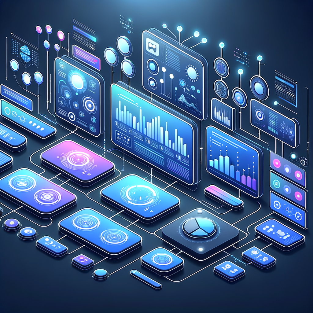 Dashboard tecnológico com gráficos, indicadores e ícones de chatbots e integrações, ilustrando automação inteligente no atendimento ao cliente.