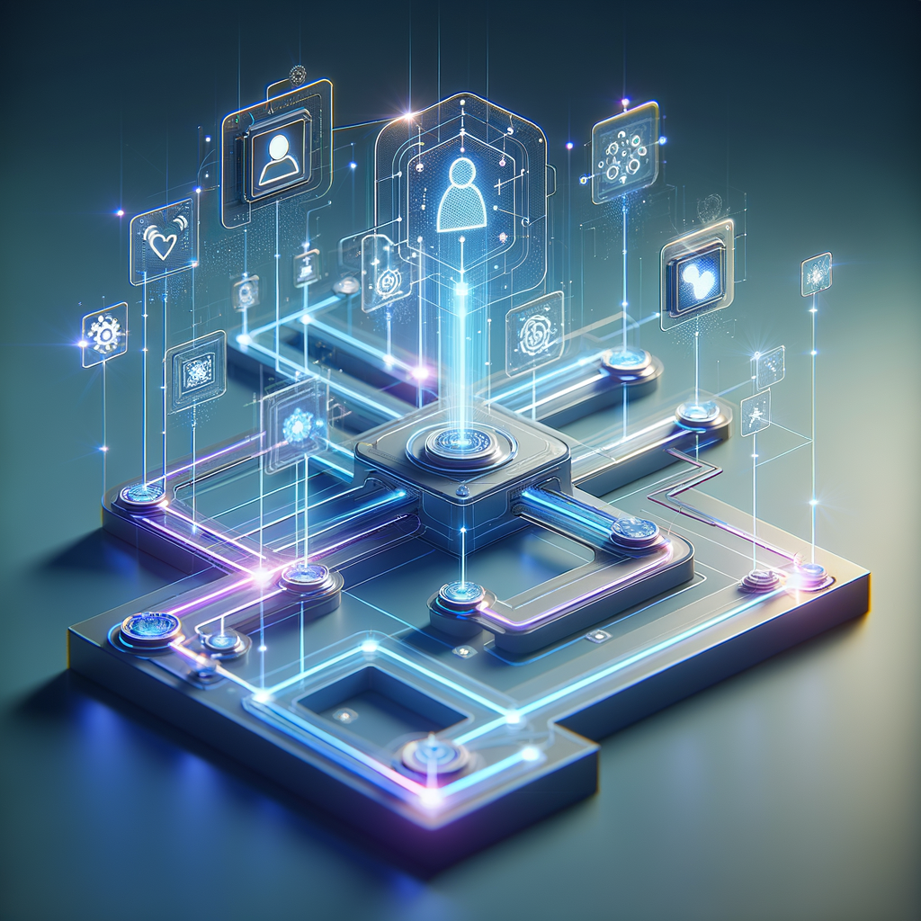 Fluxo visual de automação híbrida integrando chatbots, IA e atendimento humano em arquitetura tecnológica sofisticada.