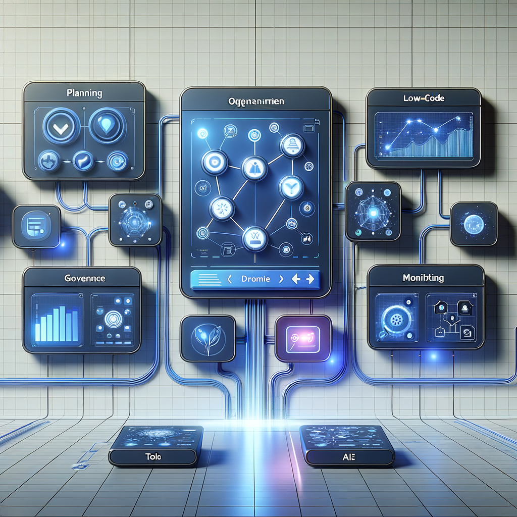 Dashboard digital com módulos interconectados mostrando planejamento, seleção de ferramentas e monitoramento de automações no-code e low-code integradas com inteligência artificial, em visual moderno e tecnológico.