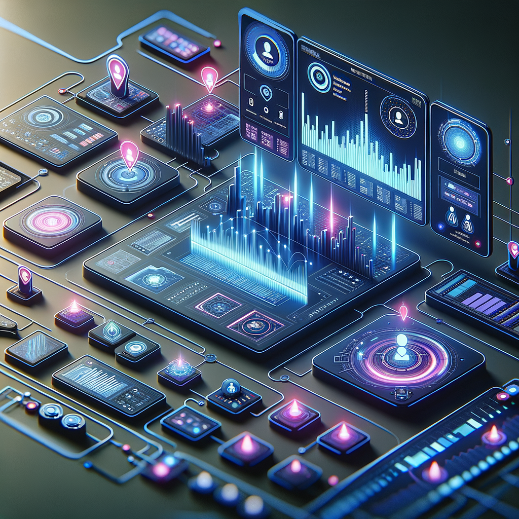 Dashboard tecnológico moderno exibindo gráficos, métricas e alertas de monitoramento contínuo em uma interface digital com cores azul, ciano e roxo, simbolizando controle e supervisão em integrações no-code com IA.