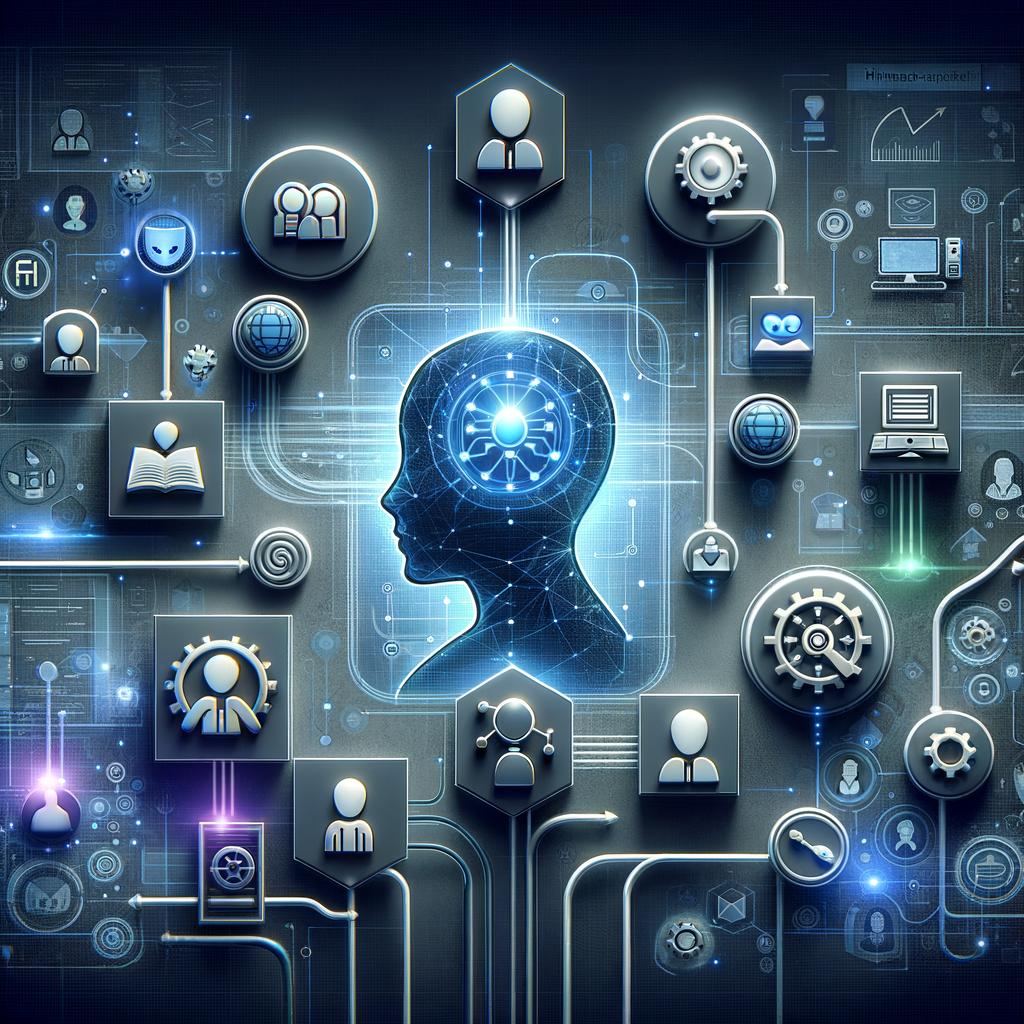 Fluxo digital minimalista mostrando a interação entre agentes IA, plataformas no-code e supervisão humana em rede iluminada com tons de azul, ciano e roxo, simbolizando automação eficiente e colaboração.