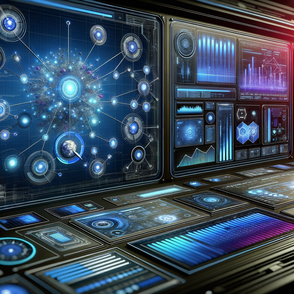 Painel digital moderno com dashboards e fluxos de automação em azul, ciano e grafite, mostrando redes inteligentes e processos automatizados, ilustrando automação eficiente em marketing digital.