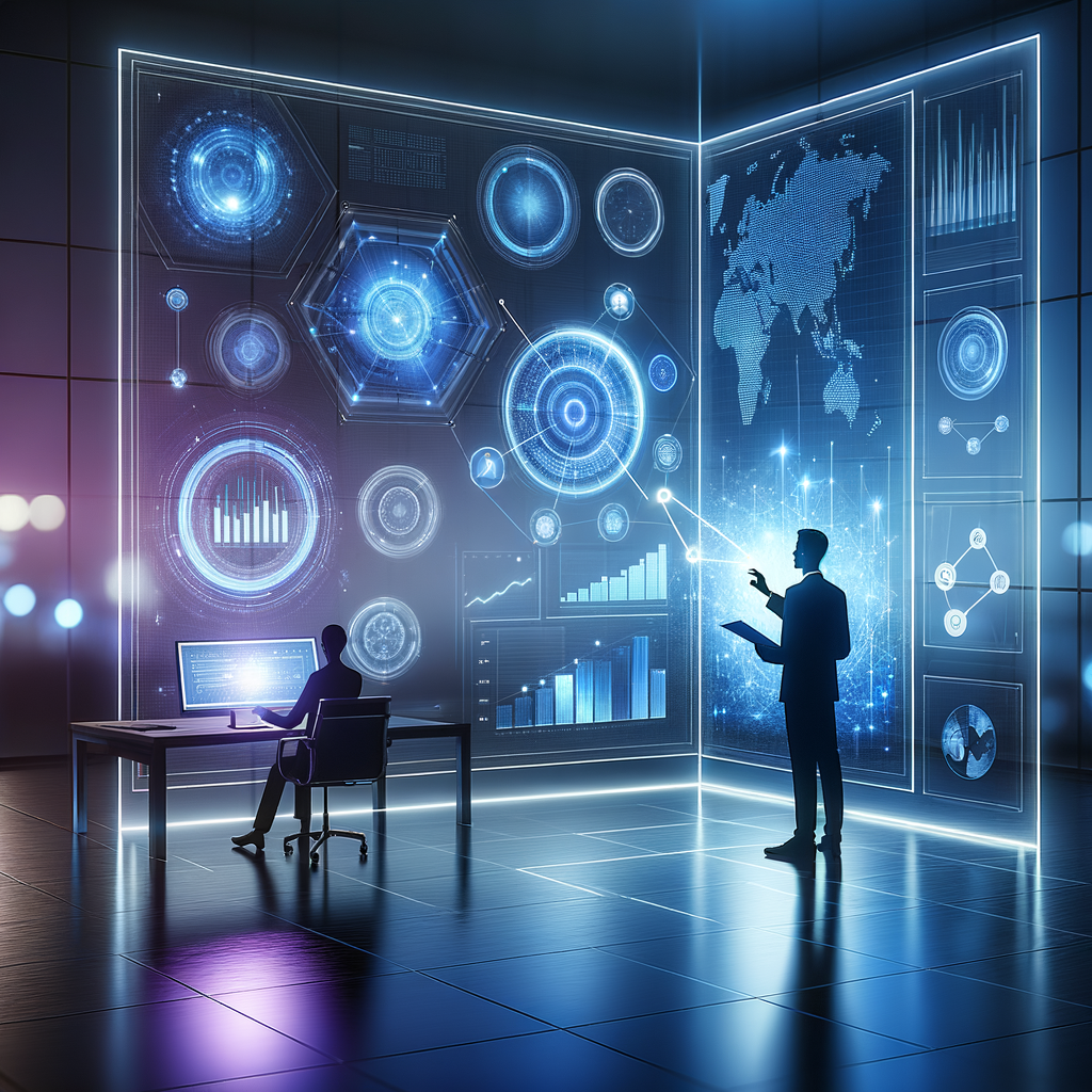 Profissional em silhueta roxa interagindo com tela holográfica de dados em azul e ciano, simbolizando colaboração entre intuição humana e automação inteligente em ambiente corporativo moderno.