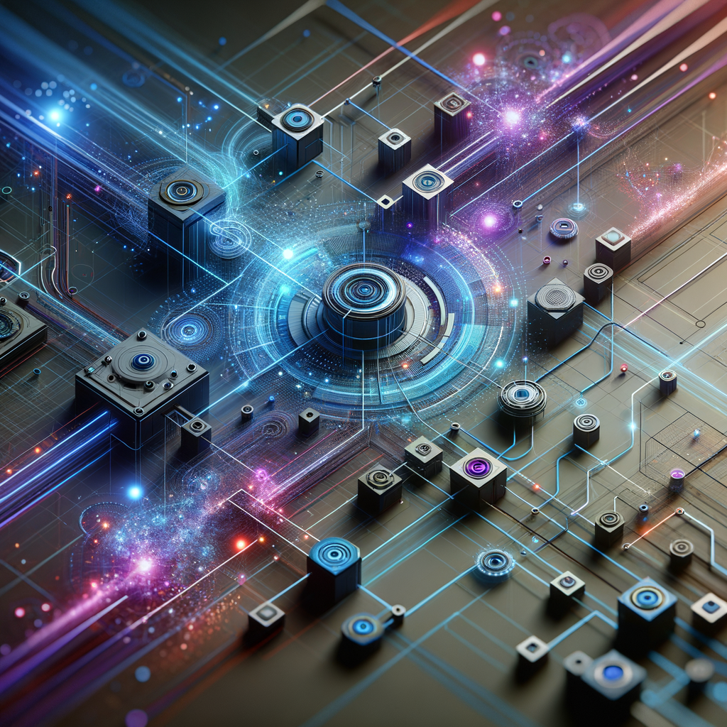 Representação abstrata de fluxo de automação e integração tecnológica em startups, com módulos conectados por linhas luminosas em tons de azul, ciano e roxo, sobre fundo escuro.