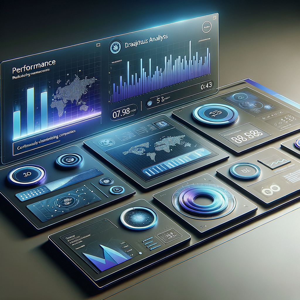 Dashboard digital mostrando métricas e gráficos de atendimento ao cliente automatizado com agentes inteligentes, em interface moderna com cores azul, ciano e roxo sobre fundo escuro.